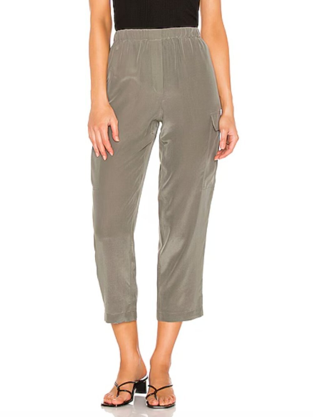 Theory Sandwashed Silk Cropped Utility Cargo Pants in Pale Olive Green, size S